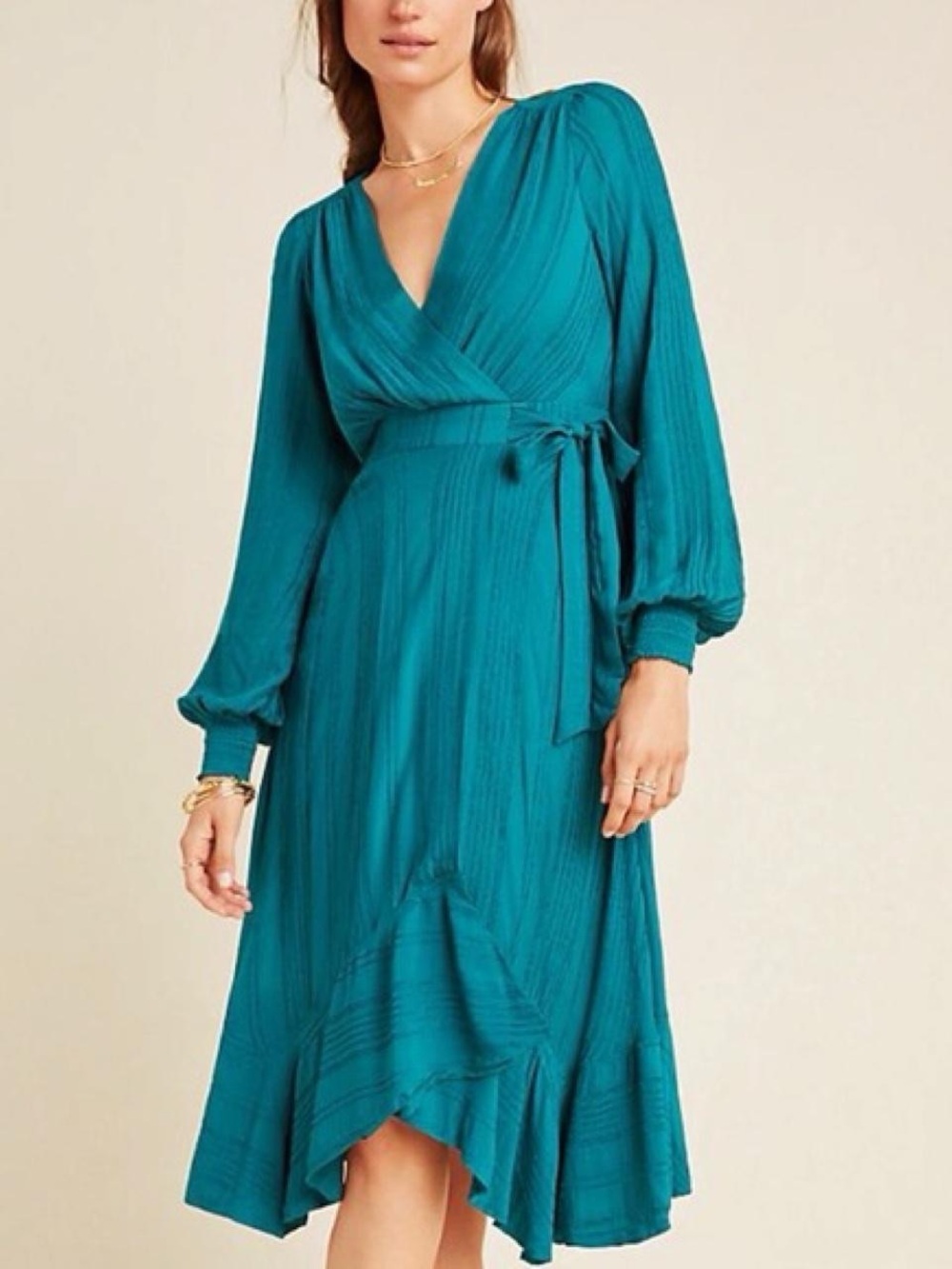 Anthropologie Teal Wrap Midi Dress with Long Bishop Sleeves
